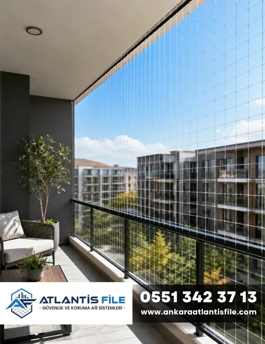 Modern balkonda düşme riskini azaltmak için uygulanan balkon güvenlik filesi