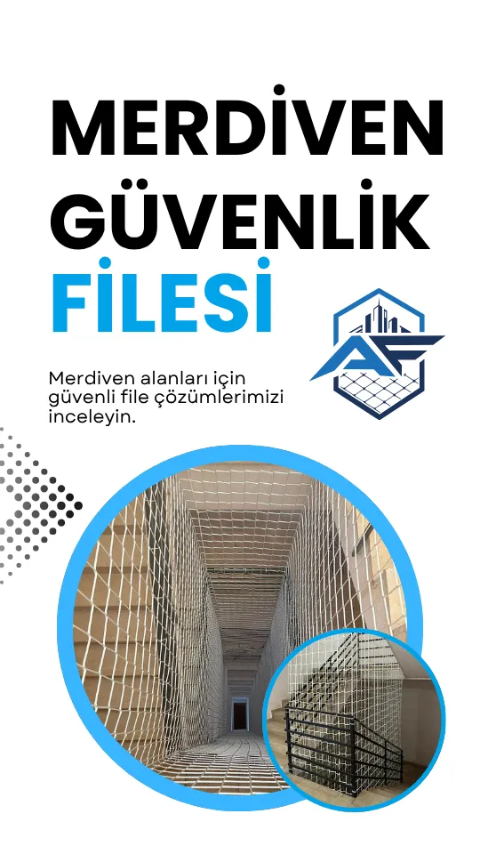 Merdiven boşluğu ve korkuluklarda düşme riskine karşı uygulanan merdiven güvenlik filesi
